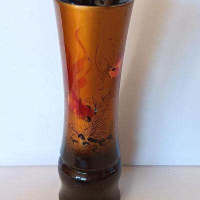 Chinese Asian Art fish themed Brown / Bronze colored Figure Bud vase and a hand painted porcelain Shibata China dish
