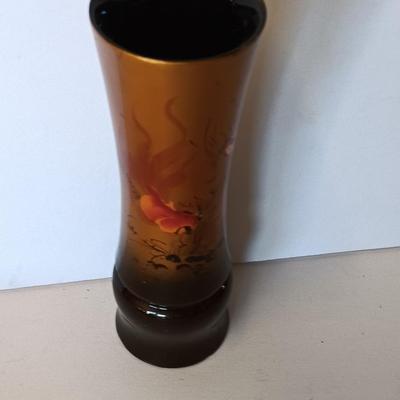 Chinese Asian Art fish themed Brown / Bronze colored Figure Bud vase and a hand painted porcelain Shibata China dish