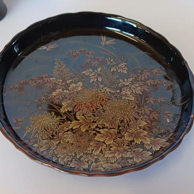 Chinese Asian Art fish themed Brown / Bronze colored Figure Bud vase and a hand painted porcelain Shibata China dish