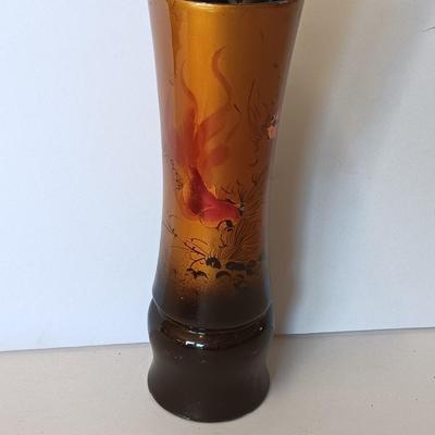 Chinese Asian Art fish themed Brown / Bronze colored Figure Bud vase and a hand painted porcelain Shibata China dish