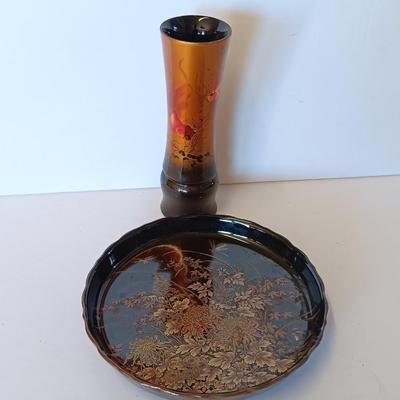 Chinese Asian Art fish themed Brown / Bronze colored Figure Bud vase and a hand painted porcelain Shibata China dish