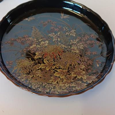 Chinese Asian Art fish themed Brown / Bronze colored Figure Bud vase and a hand painted porcelain Shibata China dish