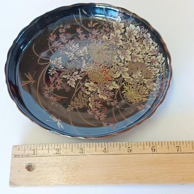 Chinese Asian Art fish themed Brown / Bronze colored Figure Bud vase and a hand painted porcelain Shibata China dish