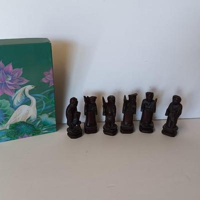 Set of Six Chinese Rosewood/Boxwood Carved Figure handcrafted solid wood Figures