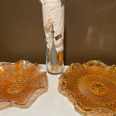 Amber carnival glass & Brandy carafe