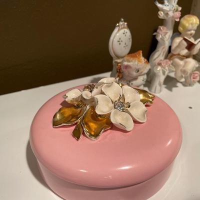 Pink jewelry holder, box and figurines