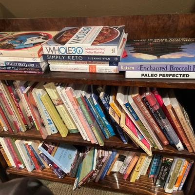 Wood shelving with cookbooks