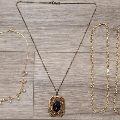 #121: Gold Tone Necklaces - Pearl and Cameo Locket