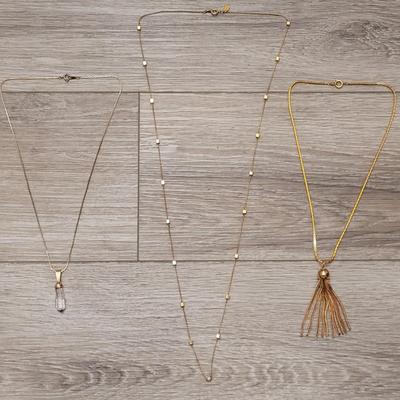 #130: Gold Tone Necklaces - Tassel, Quartz Crystal, and Gold Boxes