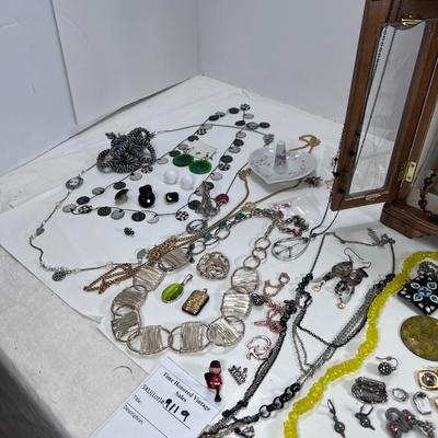 large lot vintage costume jewelry and Wooden Armoire