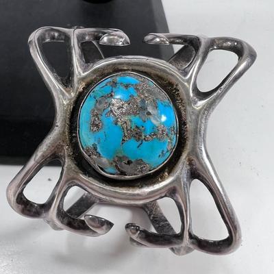 Persian Turquoise stone cabochon  with inclusions  set in 2" adjustable cuff
