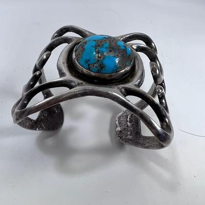 Persian Turquoise stone cabochon  with inclusions  set in 2" adjustable cuff