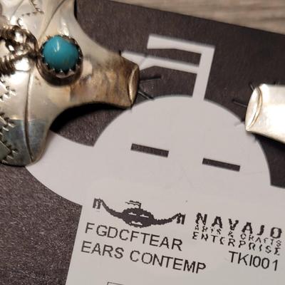 141: Navajo Sterling Silver Pottery with Feathers Earrings