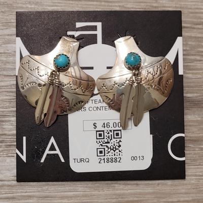 141: Navajo Sterling Silver Pottery with Feathers Earrings