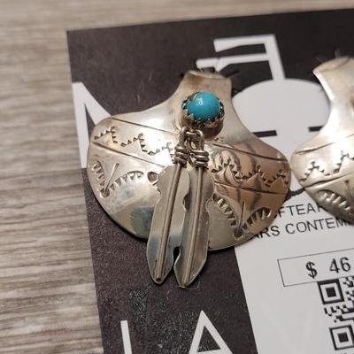 141: Navajo Sterling Silver Pottery with Feathers Earrings