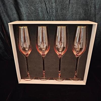 Four Ellissio Rose Crystal Champagne Flutes, NIB (M-JS)