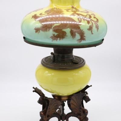 Bradley and Hubbard Antique Chinese Lion Glass Shade Cast Iron Dragon Kerosene Lamp