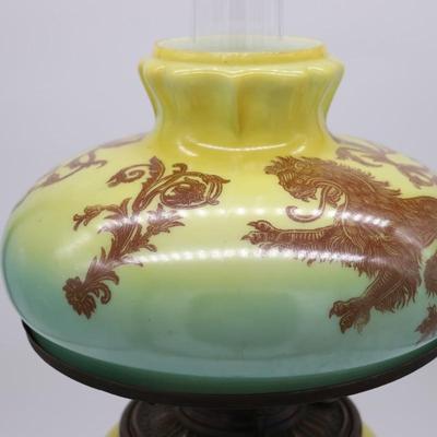 Bradley and Hubbard Antique Chinese Lion Glass Shade Cast Iron Dragon Kerosene Lamp