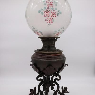 Antique B&H Globe Art Nouveau Floral Kerosene Lamp