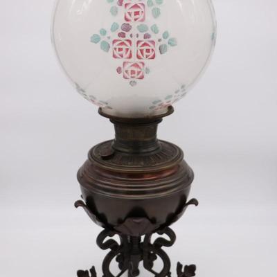 Antique B&H Globe Art Nouveau Floral Kerosene Lamp