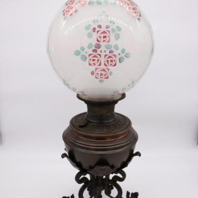 Antique B&H Globe Art Nouveau Floral Kerosene Lamp
