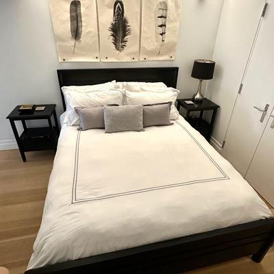 Wooden Bed frame black; Queen Mattress; Bed Sheets & Pillows