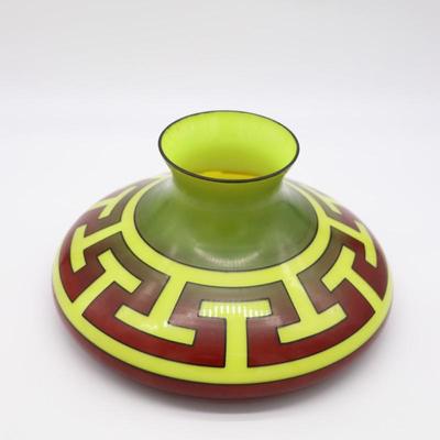 Rare Antique Geometric Design Kerosene Lamp Shade in Red, Green, and Yellow Pattern