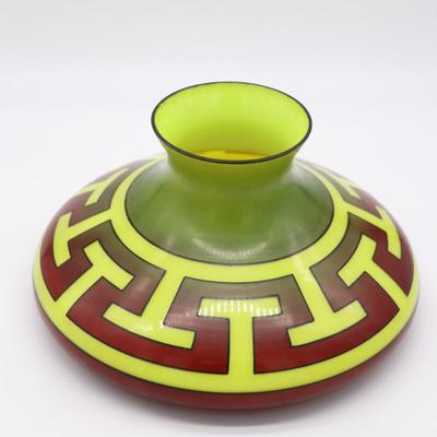 Rare Antique Geometric Design Kerosene Lamp Shade in Red, Green, and Yellow Pattern