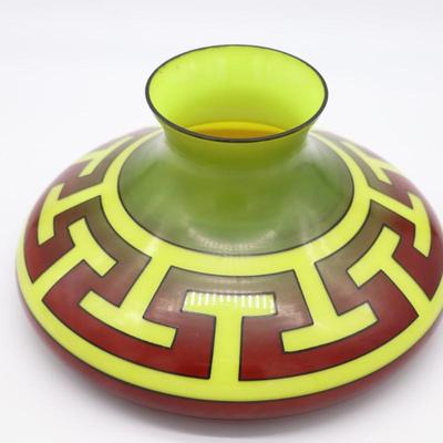 Rare Antique Geometric Design Kerosene Lamp Shade in Red, Green, and Yellow Pattern