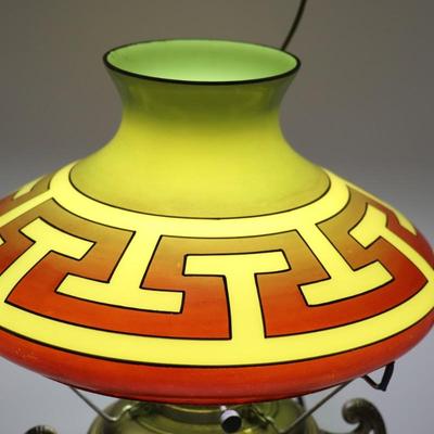 Rare Antique Geometric Design Kerosene Lamp Shade in Red, Green, and Yellow Pattern