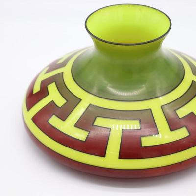 Rare Antique Geometric Design Kerosene Lamp Shade in Red, Green, and Yellow Pattern