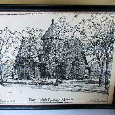 Lot 437:  Antique Wood Church Kneeler and Etching, St. John's Episcopal Church, St. Cloud, MN