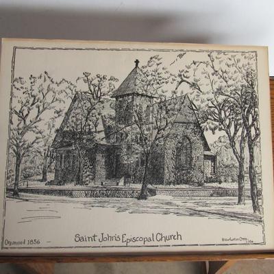 Lot 437:  Antique Wood Church Kneeler and Etching, St. John's Episcopal Church, St. Cloud, MN