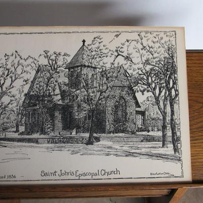 Lot 437:  Antique Wood Church Kneeler and Etching, St. John's Episcopal Church, St. Cloud, MN