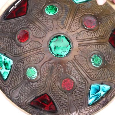 Art Nouveau Secessionist Brass and Faceted Multicolor Glass Gem Stones Lamp Shade