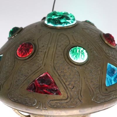 Art Nouveau Secessionist Brass and Faceted Multicolor Glass Gem Stones Lamp Shade