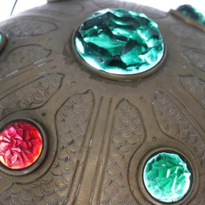 Art Nouveau Secessionist Brass and Faceted Multicolor Glass Gem Stones Lamp Shade