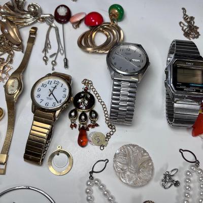 Watches, Vintage jewelry, cigar box. semi precious bead necklaces