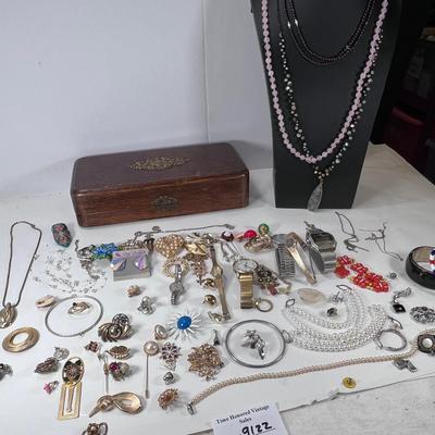 Watches, Vintage jewelry, cigar box. semi precious bead necklaces