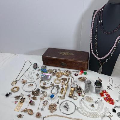 Watches, Vintage jewelry, cigar box. semi precious bead necklaces