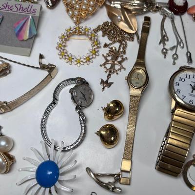 Watches, Vintage jewelry, cigar box. semi precious bead necklaces