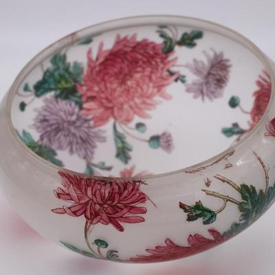Beautiful Antique Painted Floral White Glass Domed Lamp Shade