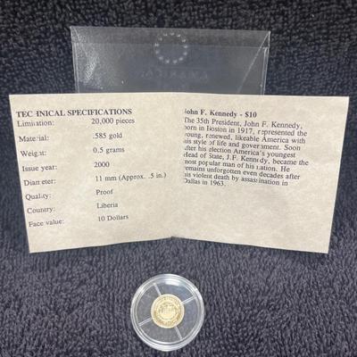 2000 Liberia 10 Dollar John F. Kennedy Gold coin, .585