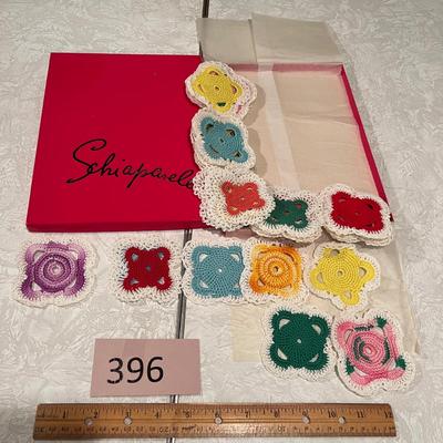 Schiaparelli box fill with crocheted squares coasters