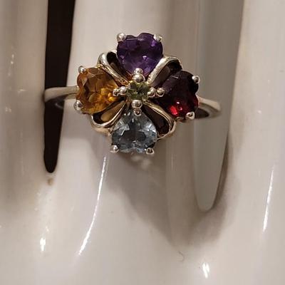 #185: Sterling Silver Ruby, Citrine, Amethyst, and Aqua Marine Ring