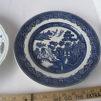 Lot 452:  Blue Willow Plate and Fancy Handled Blue/White Tray