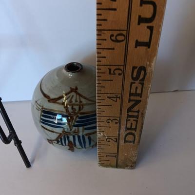 Hand painted Asian themed pottery bud vase and a metal bamboo picture frame easel
