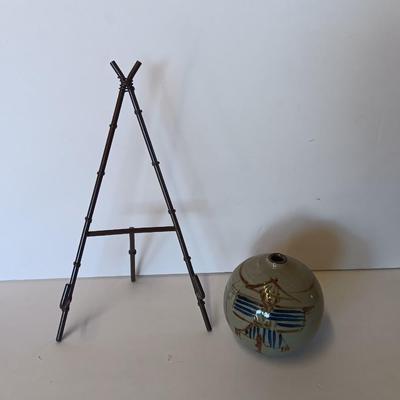 Hand painted Asian themed pottery bud vase and a metal bamboo picture frame easel