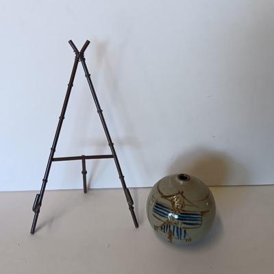 Hand painted Asian themed pottery bud vase and a metal bamboo picture frame easel