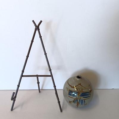 Hand painted Asian themed pottery bud vase and a metal bamboo picture frame easel